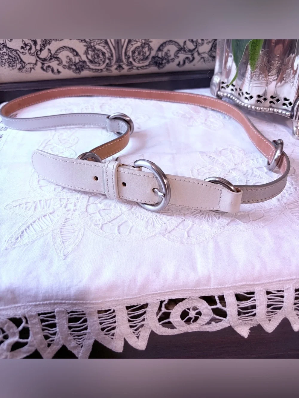 Furla white beige silver slim leather belt M